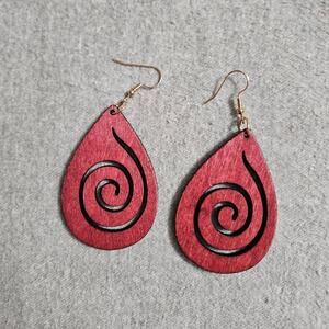 Boutique Bright Red Stained Wood Swirl Dangle Earrings ~ Casual ~ Boho ~ Fiery